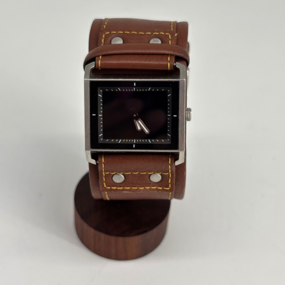 VTG Fossil Cuff Y2K Watch Mens Brown Leather Square Face Big Tic BG-2174